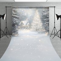 Aperturee Cozy Christmas Cottage Sweep Backdrop, Painterly Winter Snow Scene, Holiday Mini Session Photo Floor Drop, 5x7ft (WxH)
