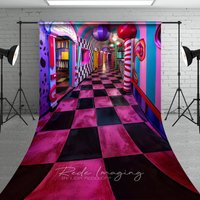 Aperturee Surreal Candy Hallway Fine Art Photography Backdrop, Pink Checkered Floor Sweep Portrait Studio Background