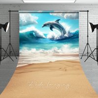 Aperturee Jumping Dolphin Ocean Waves Summer Backdrop, Seamless Beach Sand Sweep Portrait Studio Background, Photo Prop