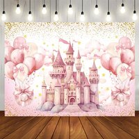 Aperturee Sweet Pink Balloon Castle Happy Birthday Backdrop, 5X3FT(1.5X9M), 326.56 USD, birthday backdrops, NYHD13001013-E