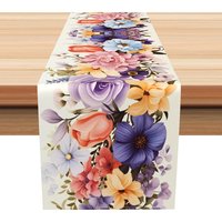 Aperturee Fine Art Spring Flowers Table Runner, Oil Painting Style with a Colorful Bouquet, Elegant Kitchen Dining Decor, 12