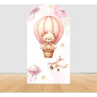 Aperturee Teddy Bear Hot Air Balloon Arch Backdrop, Girl Baby Shower Decor, Pink Airplane Adventure Theme Party