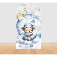 Aperturee Teddy Bear Arch Backdrop, Sleeping Bear on Moon Blue Clouds Baby Shower Decor, Boy 1st Birthday Prop Photography