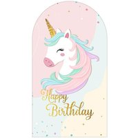Aperturee Pastel Unicorn Happy Birthday Arch Backdrop, Cute Gold Horn Floral Eyelash, Girls Princess Party Decoration, Kids Party Prop