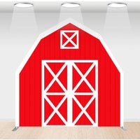 Aperturee Red White Farm House Barn Door Arch Birthday Backdrop, 6 x 6 ft, 219 USD, barn door arch backdrops, WYGD5L11-AJ