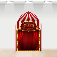 Aperturee Festive Red Circus Tent Barn Door Arch Party Backdrop, 5 x 7 ft, 214 USD, barn door arch backdrops, WYGD5L16-CJ