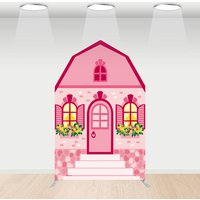 Aperturee Fairytale Pink Princess House Barn Door Arch Backdrop, 5 x 7 ft, 214 USD, barn door arch backdrops, WYGD5L17-CJ