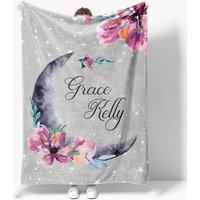 Aperturee Personalized Name Blanket for Girl, Custom Moon and Stars, Grey and Pink Floral Nursery Decor Swaddle