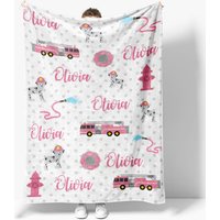 Aperturee Personalized Name Blanket for Girl, Custom Pink Fire Truck, Dalmatian Dog Firefighter Baby Swaddle