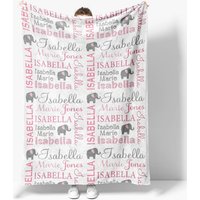 Aperturee Personalized Name Blanket for Girl, Custom Baby Blanket with Elephant, Pink and Grey Nursery Decor Swaddle