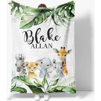 Aperturee Personalized Baby Blanket Jungle Safari Custom Name Green Leaves Animals Swaddle Newborn Boy Nursery Decor