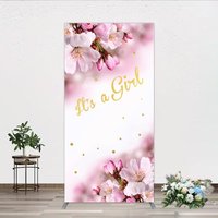 Aperturee It's a Girl Rectangle Backdrop for Baby Shower, Pink Cherry Blossom and Gold Glitter, Spring Floral Welcome Sign Decor, 1.6x4ft (50x1
