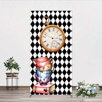 Aperturee Alice in Wonderland Inspired Birthday Rectangle Backdrop, Mad Hatter Tea Party with Clock, Whimsical Photo Prop Decor, 1.6x4ft (50x120cm),