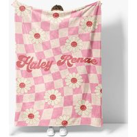 Aperturee Pink Beige Plaid Simle Daisy Custom Name Blanket, 30x40in(76x102cm), 26 USD, YMBD9M41-S, baby blankets
