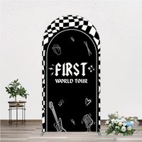 Aperturee First World Tour Rock Star Birthday Arch Backdrop, Black and White Checkered Music Theme, Band Photo Booth Decor, 1.6x4ft (50x120cm), 98.1