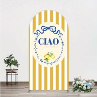 Aperturee Ciao Bambina Italian Themed Arch Backdrop for Baby Shower, Lemon and Blue Bow with Yellow Stripes, Positano Decor, 1.6x4ft (50x120cm)