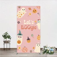 Aperturee Let's Boogie Groovy Halloween Rectangle Backdrop, Cute Retro Ghost and Pumpkin, Pink Spooky Themed Party Decor, 1.6x4ft (50x120cm)
