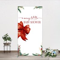 Aperturee A Merry Little Baby Shower Rectangle Backdrop, Christmas Holiday Theme with Red Bow, Winter Botanical Party Decor, 1.6x4ft (50x120cm)