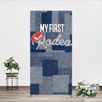 Aperturee My First Rodeo First Birthday Rectangle Backdrop, Western Cowboy Theme with Denim Print, Boy's 1st Birthday Party, 1.6x4ft (50x120cm)