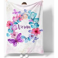 Aperturee White Floral Gold Glitter Custom Name Baby Blanket | Designable Blankets With Name | Custom Blanket With Name | Custom Baby Blankets