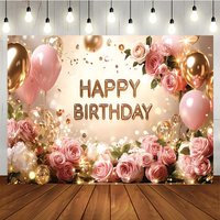 Aperturee Pink Roses and Gold Balloons Birthday Backdrop, Elegant Floral Glitter Happy Birthday Party Background, Studio Portrait Prop