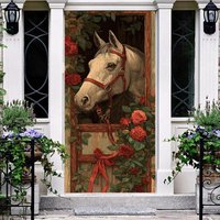 Aperturee Horse and Roses Door Cover, Equestrian Stable with Red Roses and Ribbon Derby Party Decor Backdrop