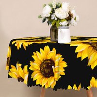 Aperturee Modern Farmhouse Sunflower Round Tablecloth in Black and Yellow, for Summer Kitchen and Dining Table Decor, Diameter 48inch