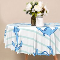 Aperturee Nautical Blue and White Stripe Round Tablecloth with Anchors, for Coastal and Sailor Themed Party Decor, Diameter 48inch