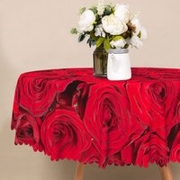 Aperturee Romantic Red Rose Round Tablecloth with Blooming Flowers, for Valentine's Day, Wedding, or Anniversary, Diameter 48inch