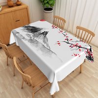 Aperturee Abstract Ink Wash Landscape Rectangle Tablecloth, with Floral Accents for Asian Zen Inspired Dining Decor, 52x70in (WxH)