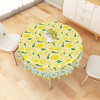 Aperturee Yellow Lemon and Green Leaf Pattern Round Tablecloth, High-Resolution Fruit Design Table Cover for Decor