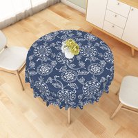 Aperturee White Mandala Floral Pattern Navy Blue Round Tablecloth, Professional High-Contrast Studio Table Cover
