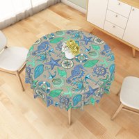 Aperturee Nautical Seahorse and Anchor Pattern Round Tablecloth, Professional Coastal Studio Background for Table