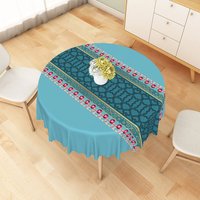 Aperturee Teal Ornate Pattern Round Tablecloth with Pink Gemstone Chain Detail, Luxurious Ethnic Style Decor, Studio Background Fabric