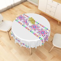 Aperturee Colorful Rainbow Tribal Geometric Round Tablecloth, Vibrant Festive Pattern for Birthday and Party, High-Res Studio Fabric