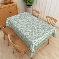 Aperturee Green Leaf Rectangle Tablecloth with Striped Border, for Botanical and Modern Farmhouse Kitchen Decor, 52x70in (WxH)