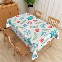 Aperturee Watercolor Christmas Rectangle Tablecloth, White with Xmas Trees, Ornaments Snowflakes Holiday Table Cover