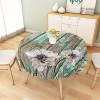 Aperturee Rustic Teal Wood Daisy Round Tablecloth, Textured Wood Floral Prop
