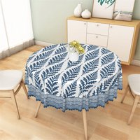 Aperturee Blue Fern Leaf Geometric Round Tablecloth, Symmetrical Pattern Studio Prop
