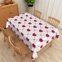 Aperturee Red Stitched Heart Rectangle Tablecloth, Geometric Dotted Grid Table Cover, Patterned Photo Prop