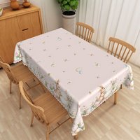 Aperturee Pink Bunny Holding Egg Rectangle Tablecloth, Cute Rabbit Floral Border Table Cover, Spring Portrait Backdrop