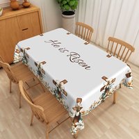 Aperturee He Is Risen Wooden Cross Rectangle Tablecloth, White Lily Religious Table Cover, Easter Studio Prop