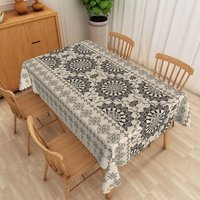 Aperturee Black Mandala Rectangle Tablecloth, Beige Linen Texture Table Cover, Bohemian Studio Backdrop