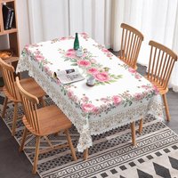 Aperturee Elegant Pink Rose Floral Rectangle Tablecloth with Lace Border, for Wedding, Bridal Shower, or Shabby Chic Decor, 52x70in (WxH)