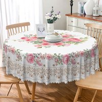 Aperturee Elegant Pink Rose Floral Round Tablecloth with Lace Border, for Wedding, Bridal Shower, or Shabby Chic Decor, Diameter 48inch
