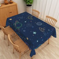 Aperturee Celestial Galaxy Tablecloth in Navy Blue with Stars and Planets, for Space Themed Birthday or Nursery Decor, 52x70in (WxH)