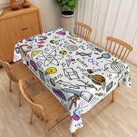 Aperturee Colorful Cartoon Science Tablecloth with Chemistry and Physics Doodles, for Kids School or Lab Party, 52x70in (WxH)