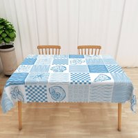 Aperturee Coastal Summer Tablecloth with Blue Conch Shells and Fruit, for Beach House Kitchen and Dining Decor, 52x70in (WxH)