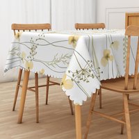 Aperturee Cheerful Yellow Floral Tablecloth with Green Leaves on White, for Spring and Summer Kitchen Dining, 52x70in (WxH)