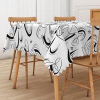 Aperturee Black and White Fish Totem Tablecloth, for Modern Coastal, Nautical, or Minimalist Dining Decor, 52x70in (WxH)